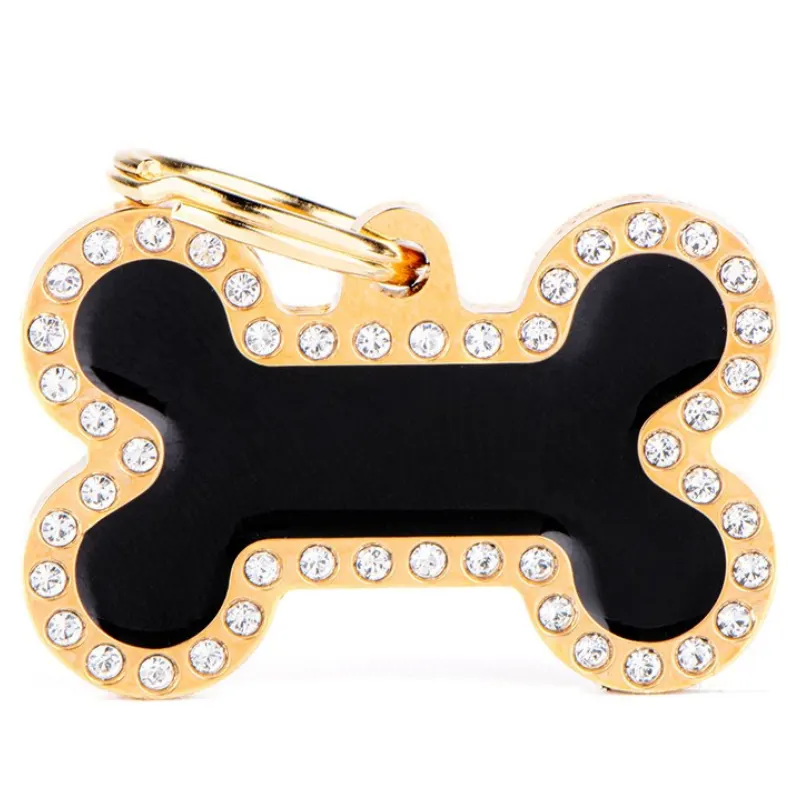 Medalha de Identificação My Family Glam Gold Osso Preto com Dourado e Swarovski G