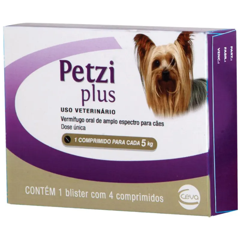 Vermífugo Petzi Plus até 5 Kg com 400 mg com 4 Comprimidos.