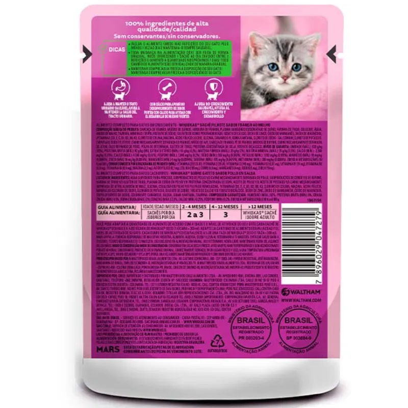 Ração Úmida Whiskas Sachê Gatos Filhotes Frango Molho 85g