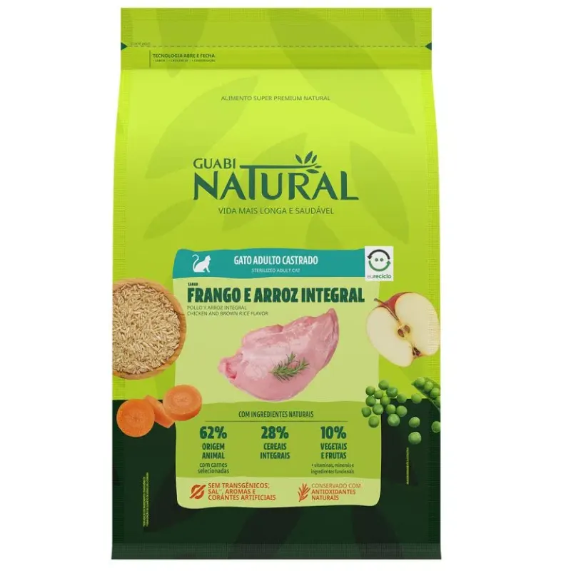 Ração Guabi Natural Gatos Adultos Castrados Frango e Arroz
