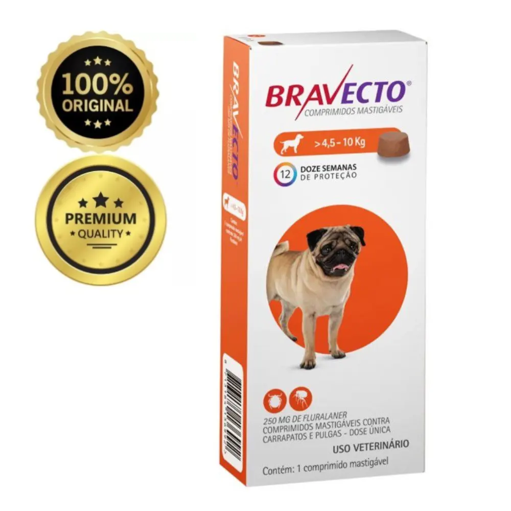Bravecto 250mg Antipulgas e Carrapatos para Cães de 4,5 a 10kg