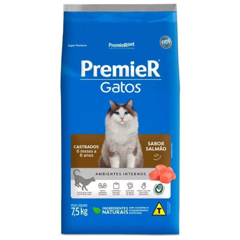 Ração Premier Gatos Castrados de 6 meses a 6 anos Sabor Salmão