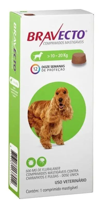 Bravecto 500mg Antipulgas e Carrapatos para Cães de 10 A 20 Kg