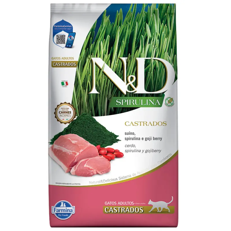 Ração N&D Spirulina Gatos Adultos Castrados Suíno 1,5 Kg