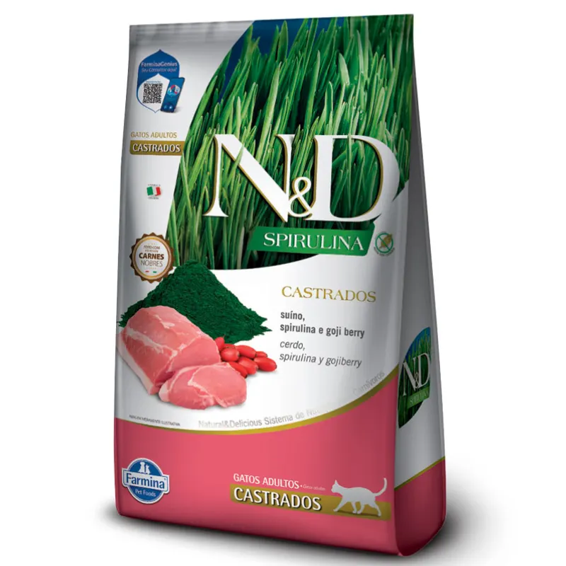 Ração N&D Spirulina Gatos Adultos Castrados Suíno 1,5 Kg
