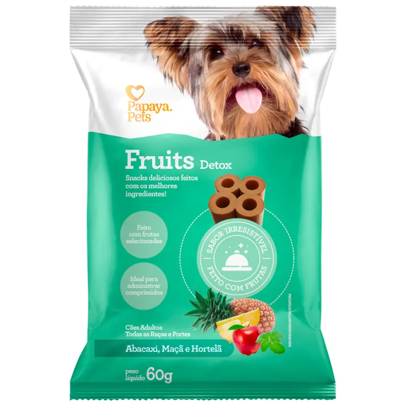 Snack Papaya Pets Fruits Detox para Cães Adultos Sabor Abacaxi, Maçã e Hortelã 60 g
