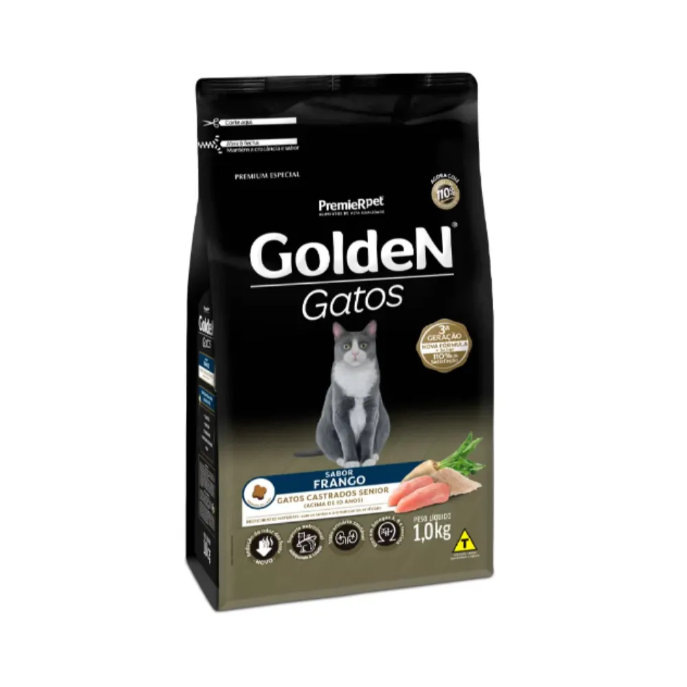 Ração Golden Gatos Sênior Castrados Sabor Frango 1Kg