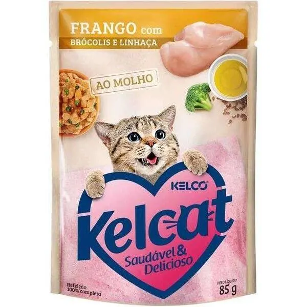 Ração Úmida Kelcat Sachê Frango, Brócolis e Linhaça 85g