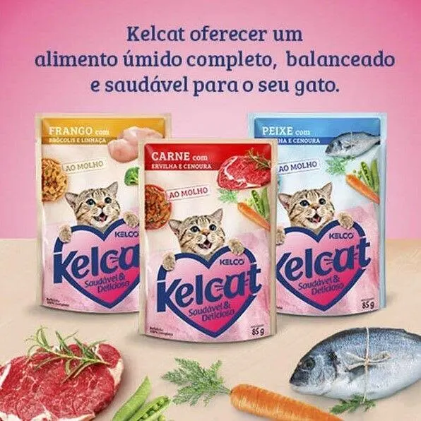 Ração Úmida Kelcat Sachê Frango, Brócolis e Linhaça 85g