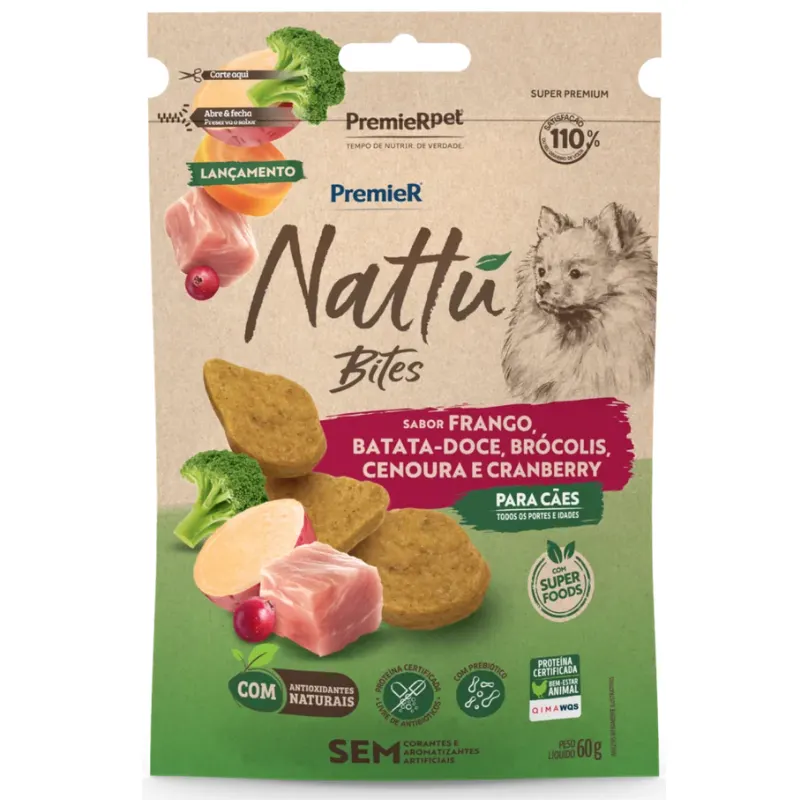 Petisco Premier Nattu Bites Cães Adultos Frango com Batata Doce 60 g