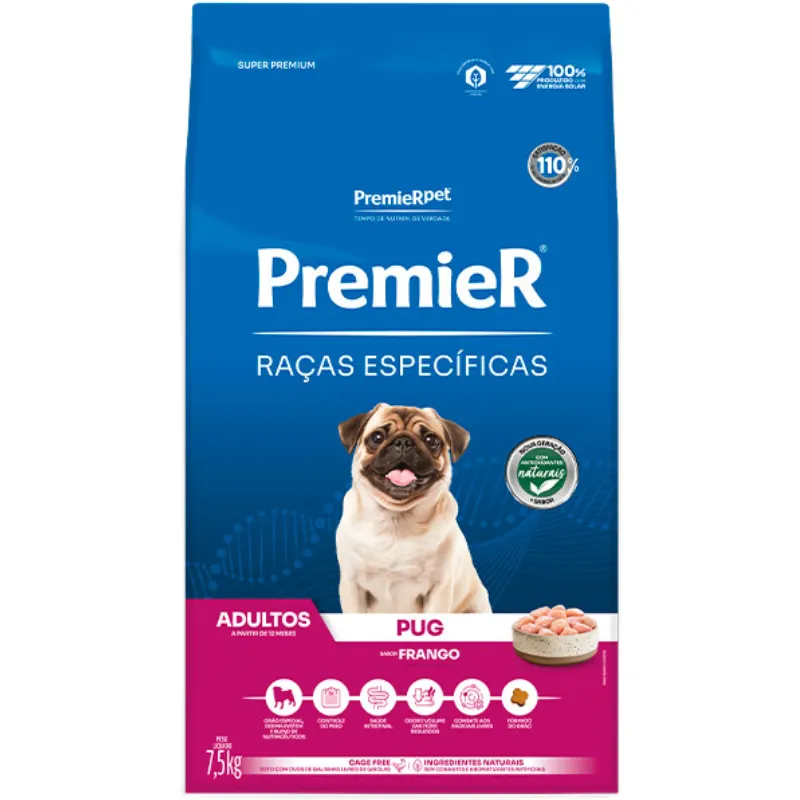 Ração Premier Raças Específicas Pug para Cães Adultos Sabor Frango 7,5 Kg
