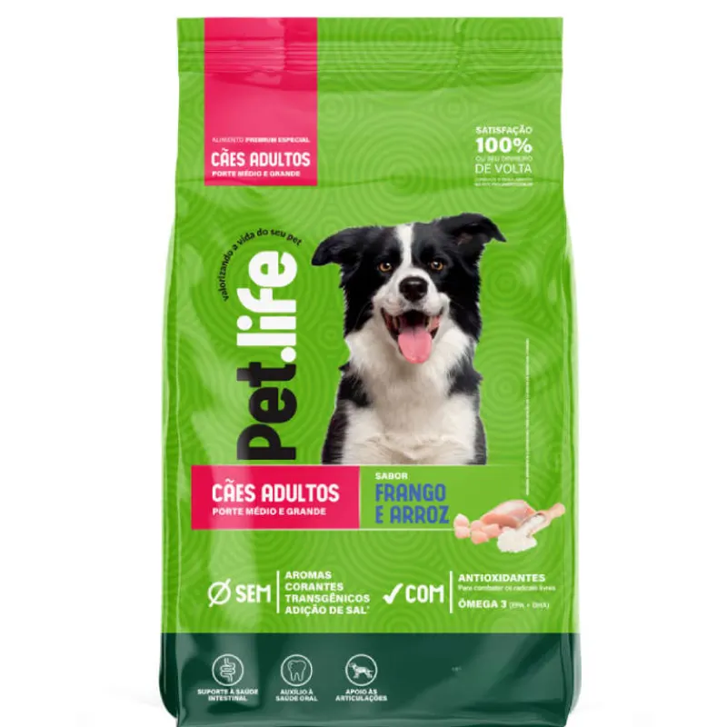 Ração Pet life Frango Arroz Cães Adultos Médio/Grande