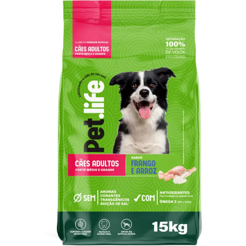 Ração Pet life Frango Arroz Cães Adultos Médio/Grande