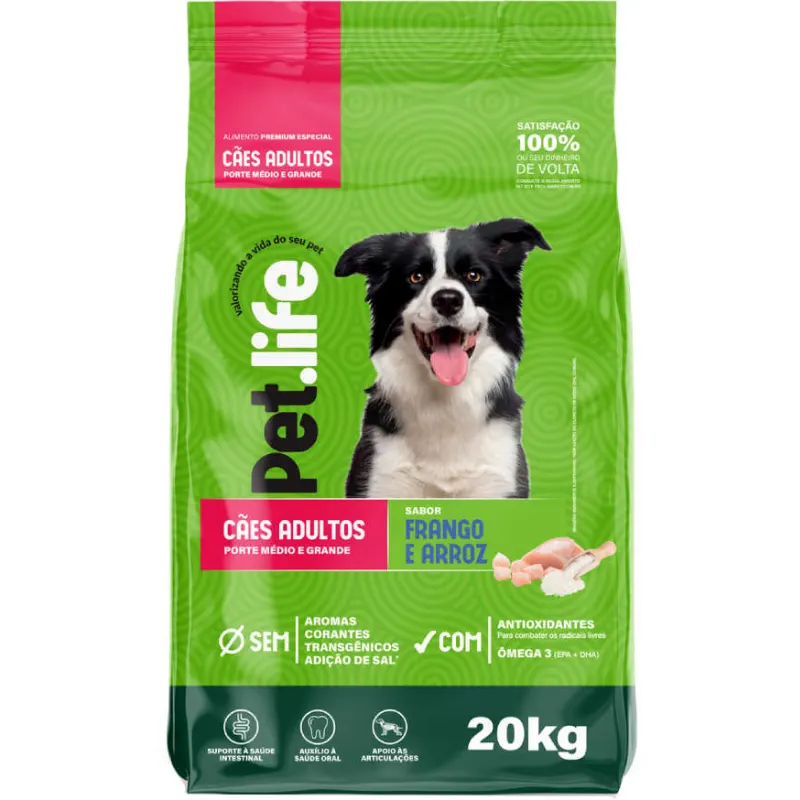 Ração Pet life Frango Arroz Cães Adultos Médio/Grande