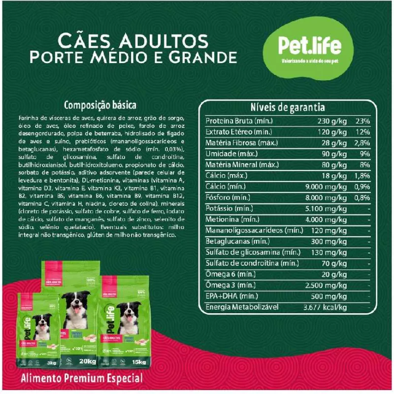 Ração Pet life Frango Arroz Cães Adultos Médio/Grande