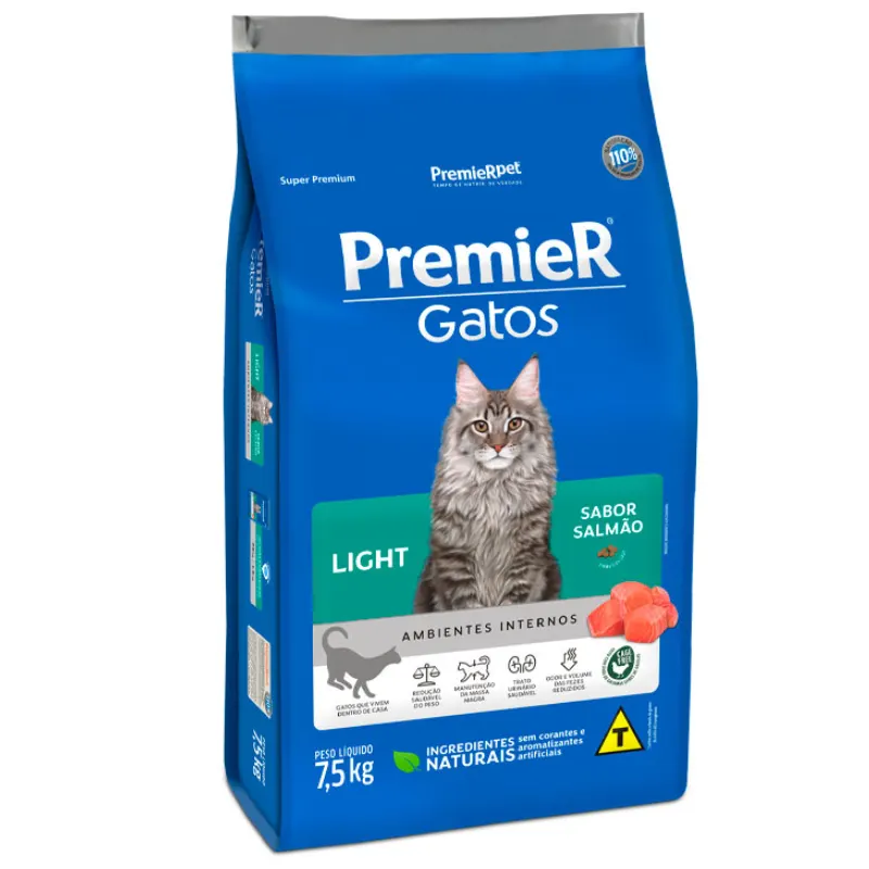 Ração Premier Ambientes Internos Gatos Adultos Light Salmão 7,5 Kg