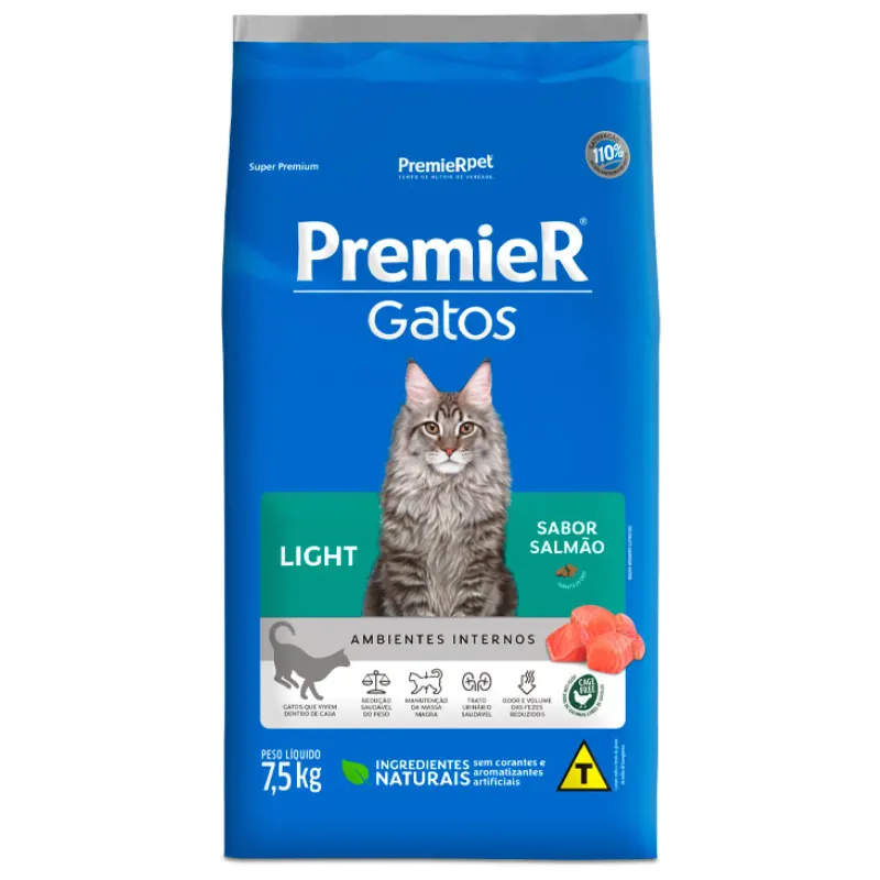 Ração Premier Ambientes Internos Gatos Adultos Light Salmão 7,5 Kg