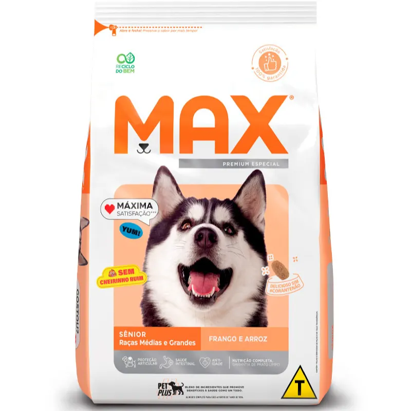 Ração Max Cães Sênior de Tamanho Médio Grande Sabor Frango e Arroz 15 Kg