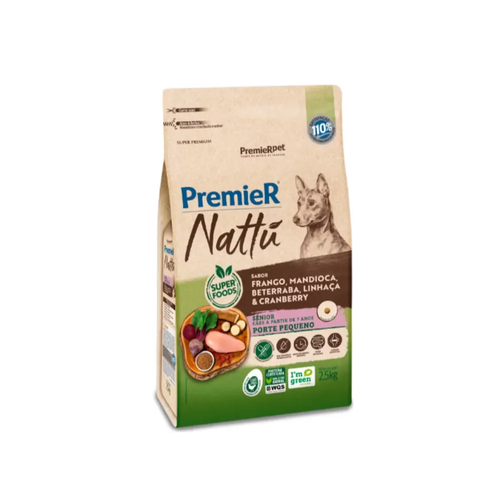 Ração Premier Nattu Cães Sênior Porte Pequeno Mandioca 2,5Kg
