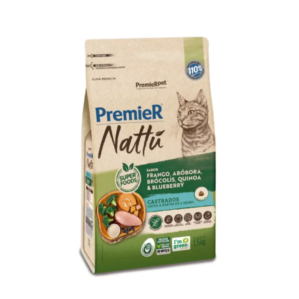 Ração Premier Nattu Gatos Adultos Castrados Abóbora 1,5kg