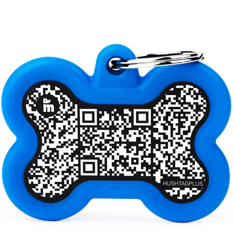 Medalha de Identificação My Family Hushtag Osso Com Borracha e Qr Code Azul