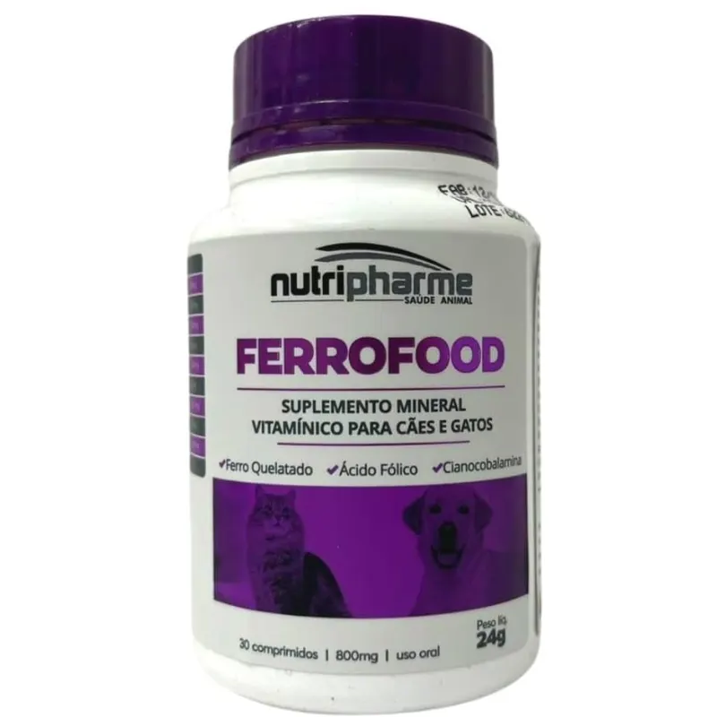 Suplemento Vitamínico Mineral FerroFood 800 mg para Cães e Gatos 30 comp