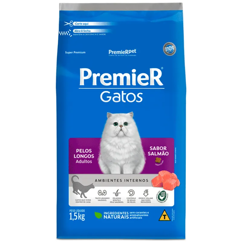 Ração Premier Ambientes Internos Gatos Adultos Pelos Longos Sabor Salmão 1,5Kg