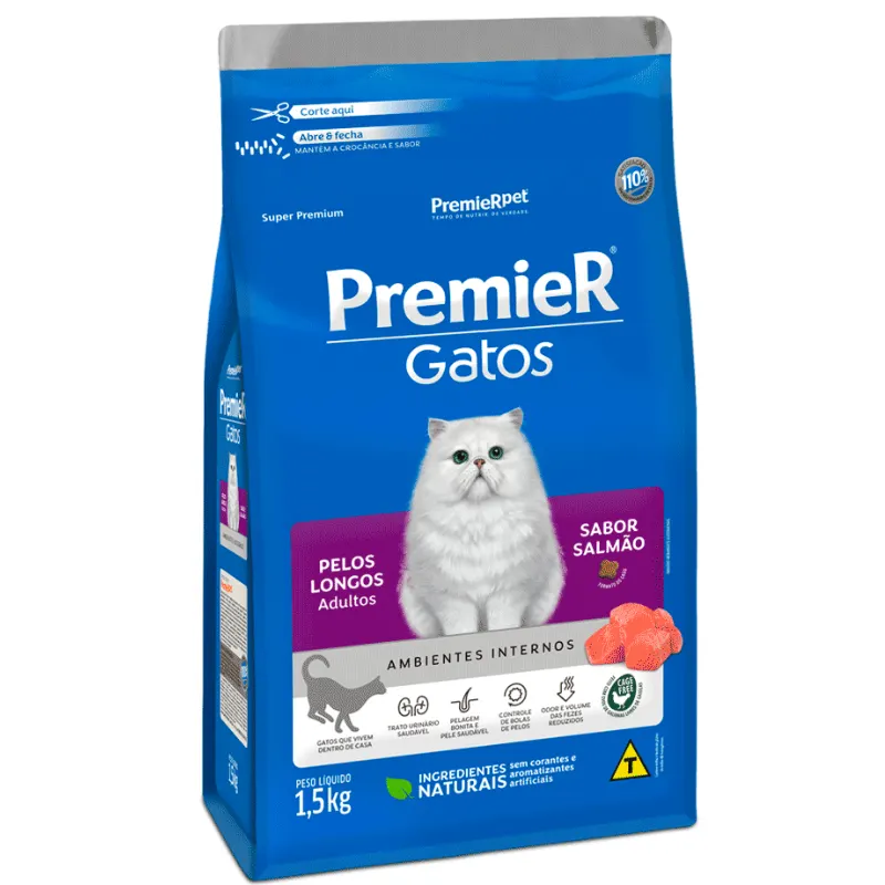 Ração Premier Ambientes Internos Gatos Adultos Pelos Longos Sabor Salmão 1,5Kg