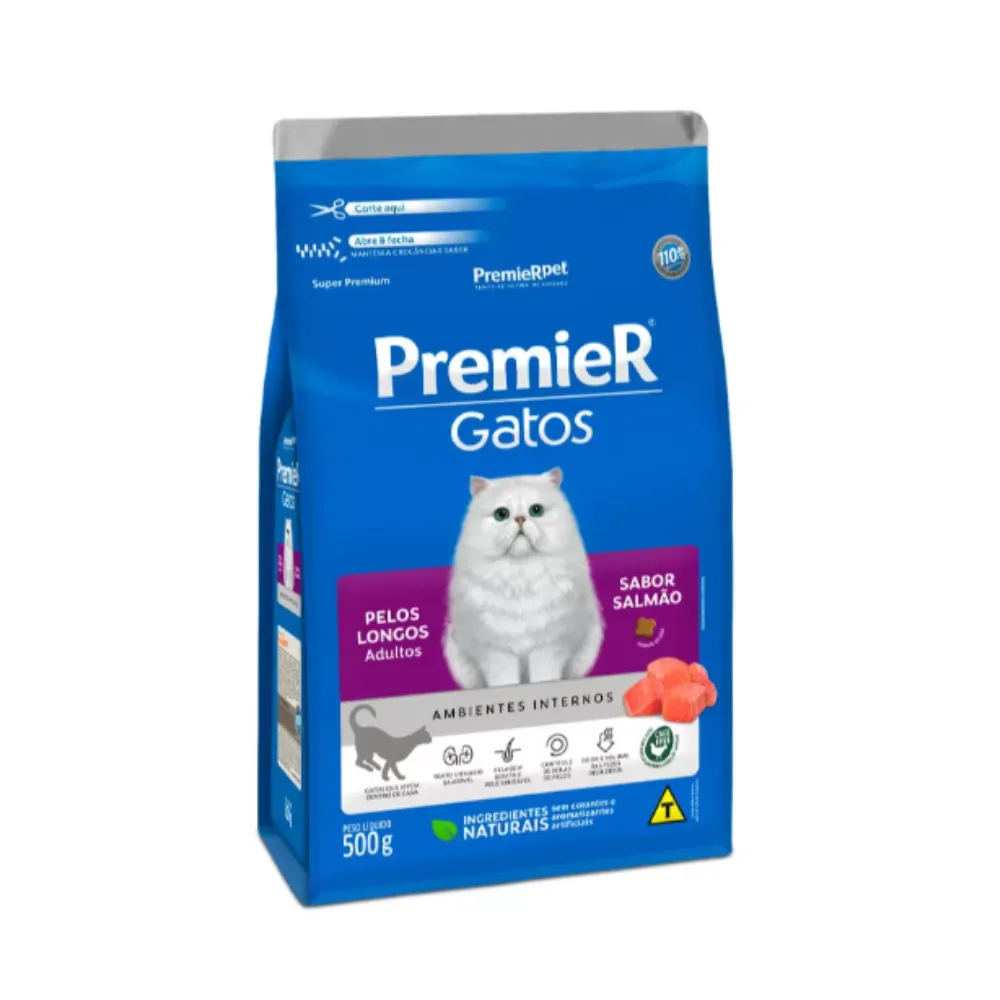 Ração Premier Ambientes Internos Gatos Adultos Pelos Longos Sabor Salmão 1,5Kg