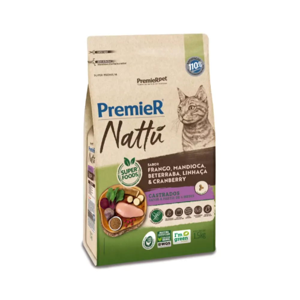 Ração Premier Nattu Gatos Adultos Castrados Mandioca 1,5Kg