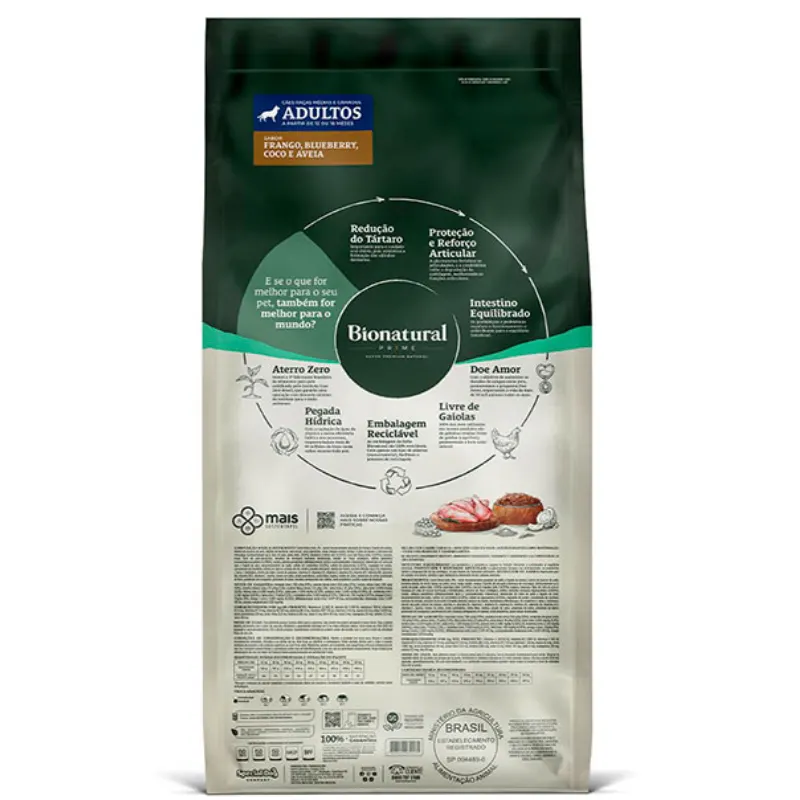 Ração Bionatural Cães Adultos Raças Médias/ Grande Sabor Frango 20 Kg
