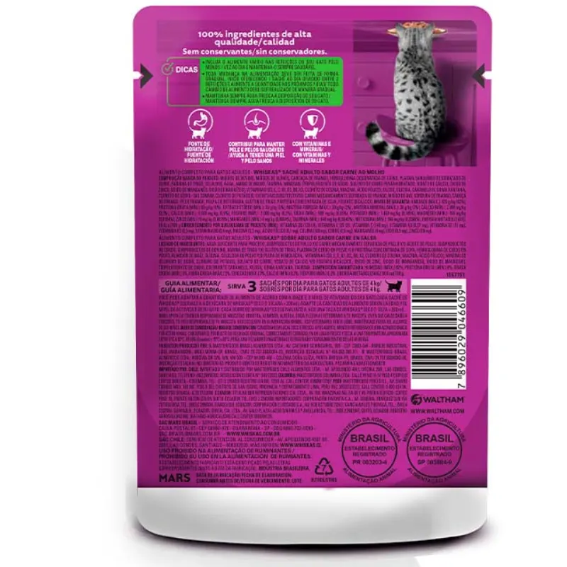 Ração Úmida Whiskas Sachê Gatos Adultos Sabor Carne 85g