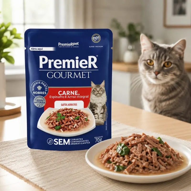 Ração Úmida Premier Gourmet Gatos Adultos Sabor Carne 70g