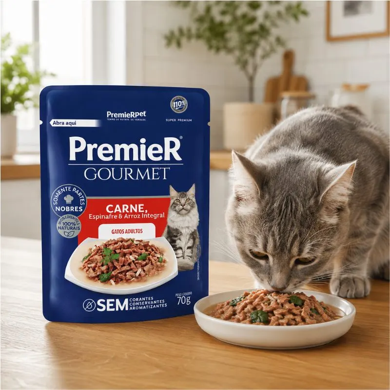 Ração Úmida Premier Gourmet Gatos Adultos Sabor Carne 70g