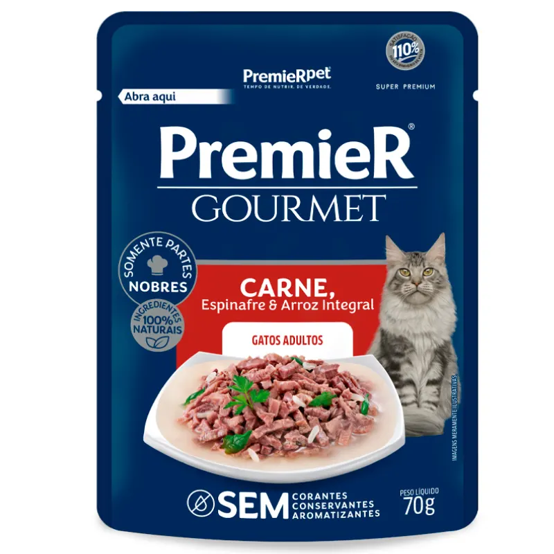 Ração Úmida Premier Gourmet Gatos Adultos Sabor Carne 70g
