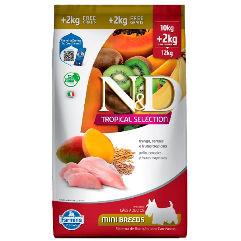 Ração N&D Tropical Cães Adultos Mini e Pequenos Sabor Frango 10 + 2 Kg