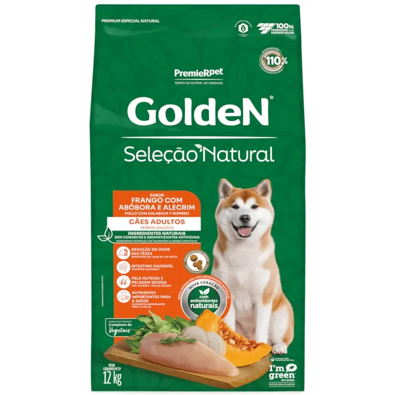 Ração Golden Seleção Natural Cães Adultos Frango com Abobora 12 Kg