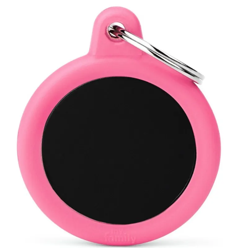 Medalha de Identificação My Family Círculo Hushtag Alumínio Preto com Borracha Rosa
