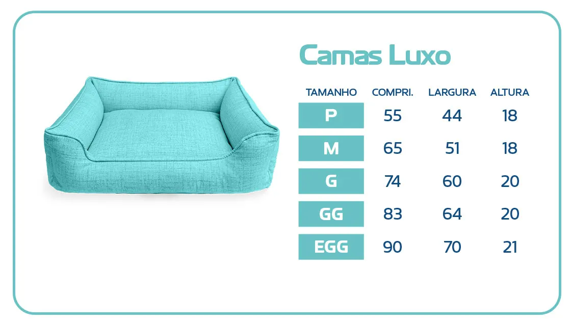 Cama Beepet Luxo Suede Laguna – ficha técnica de medidas