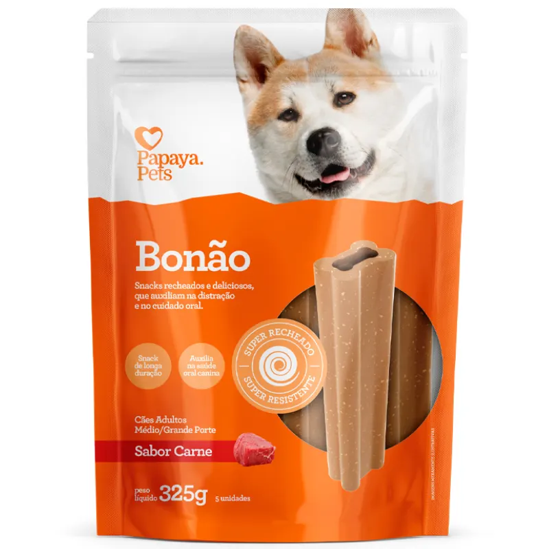 Snack Papaya Pets Bonão para Cães Adultos de Porte Médio e Grande Sabor Carne 325 g