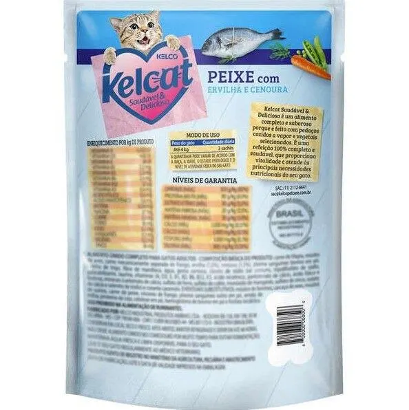 Ração Úmida Kelcat Sachê Peixe, Ervilha e Cenoura 85g