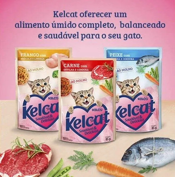 Ração Úmida Kelcat Sachê Peixe, Ervilha e Cenoura 85g