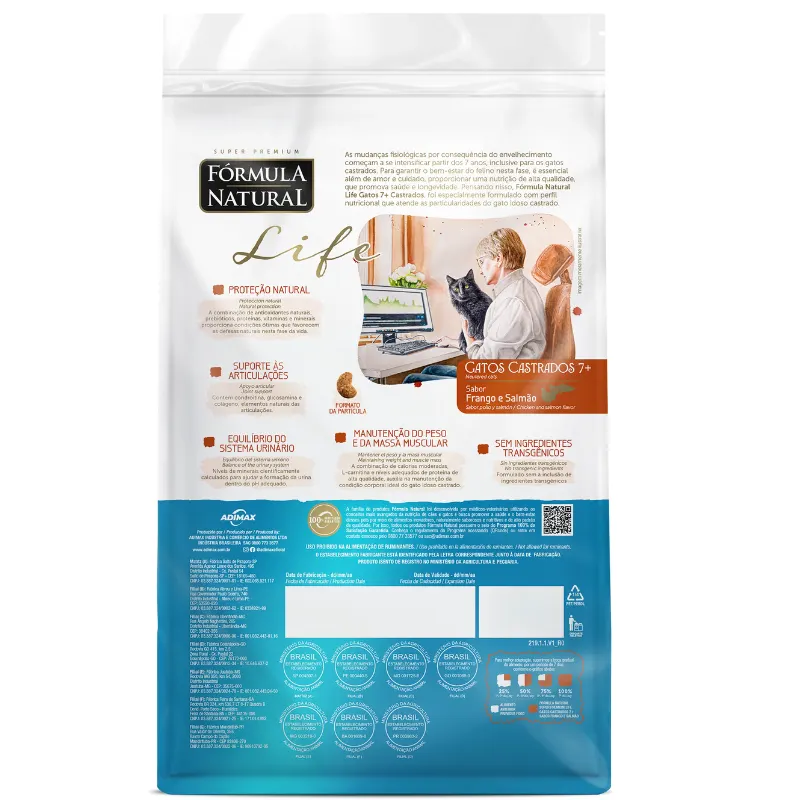 Ração Fórmula Natural Life Gatos Castrados 7+ Frango e Salmão 1 Kg