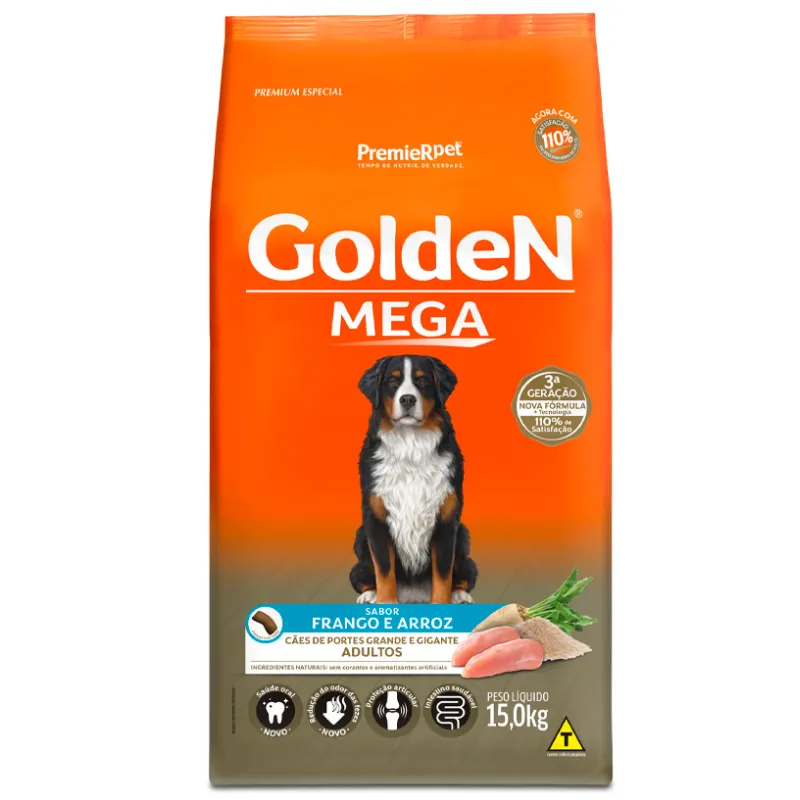 Ração Golden Mega Cães Adultos Porte Grande Frango e Arroz 15kg
