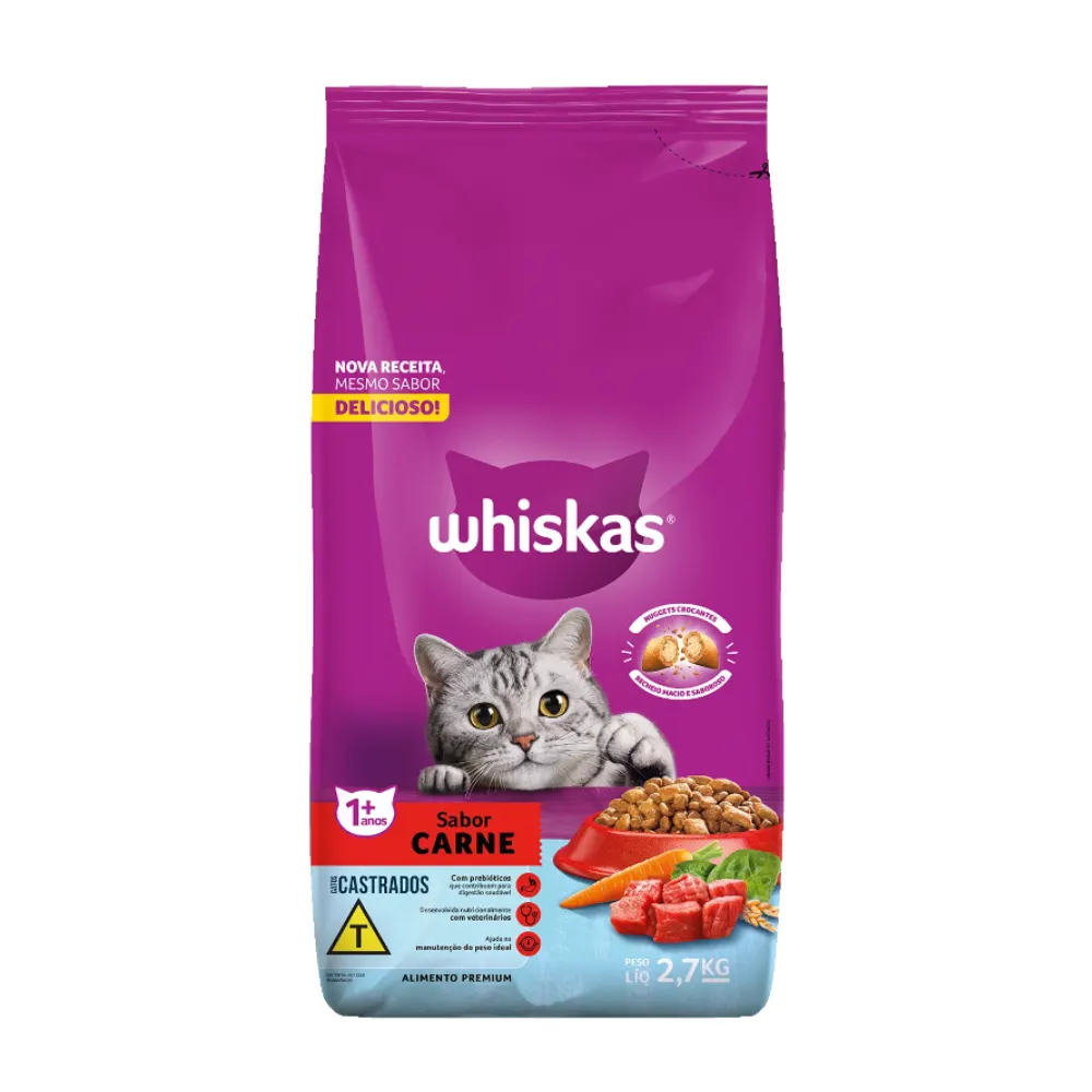 Ração Seca Wiskas para Gatos Adultos Castrados Carne 2,7Kg