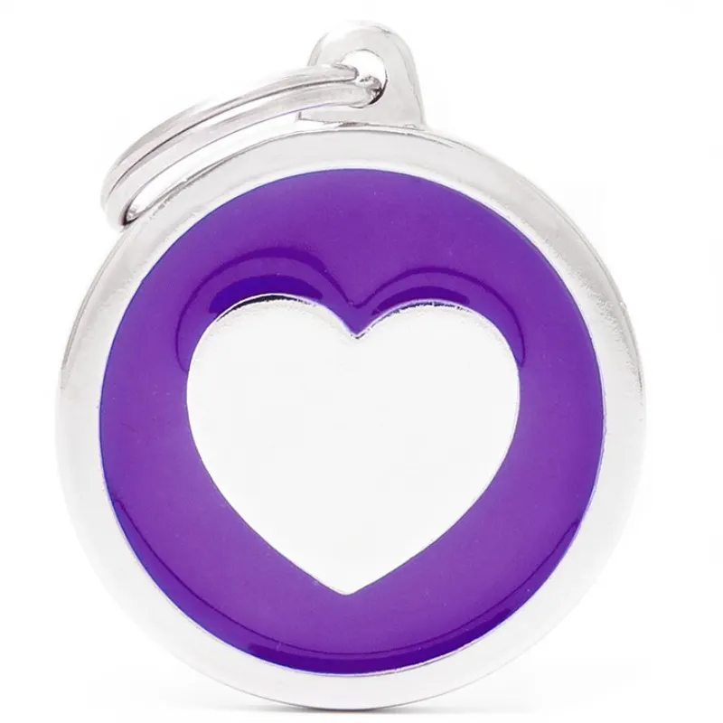Medalha de Identificação My Family Círculo Classic Grande Roxo com Coração Branco