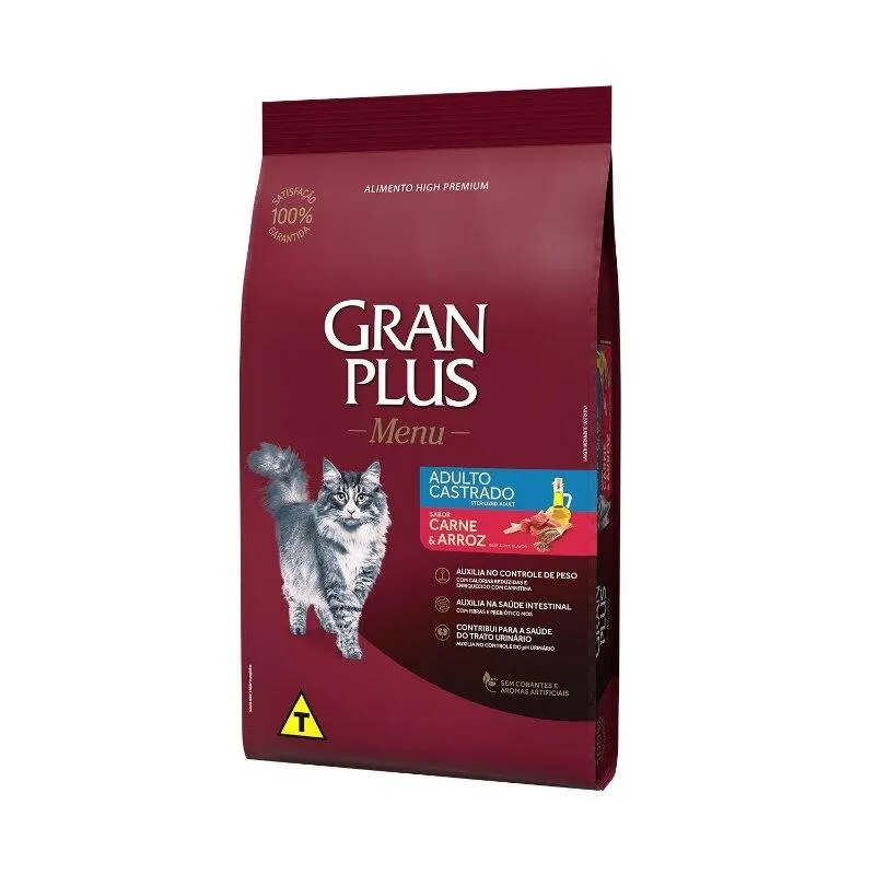 Ração GranPlus Menu Gatos Adultos Castrados Carne e Arroz 10x1,01kg