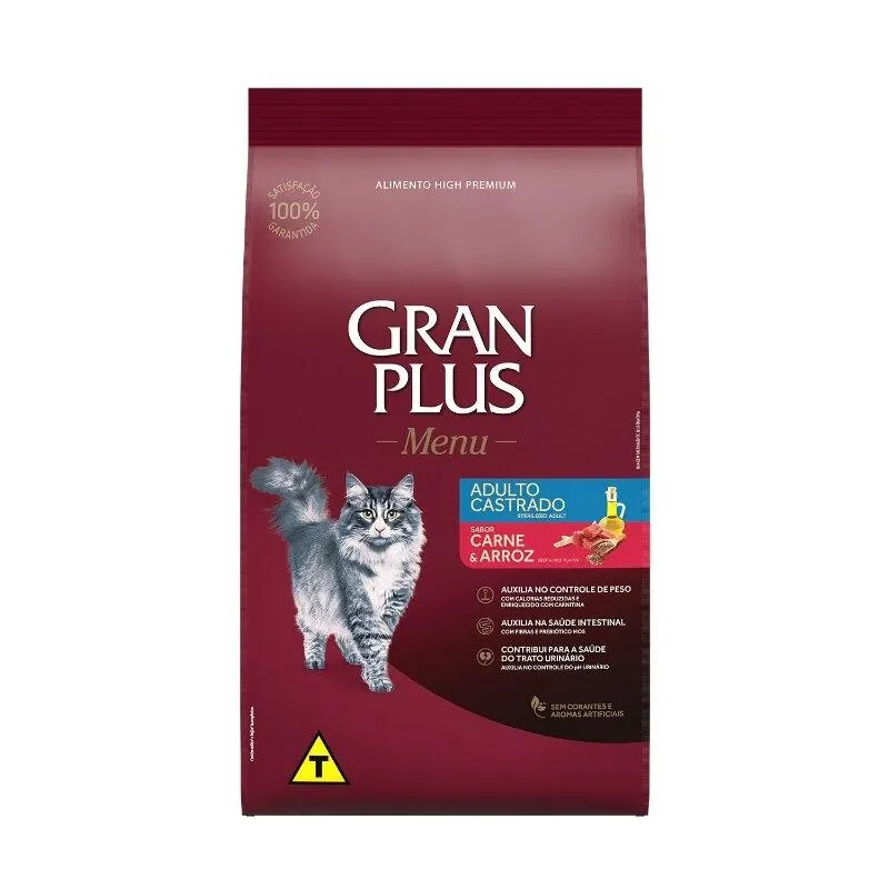 Ração GranPlus Menu Gatos Adultos Castrados Carne e Arroz 10x1,01kg