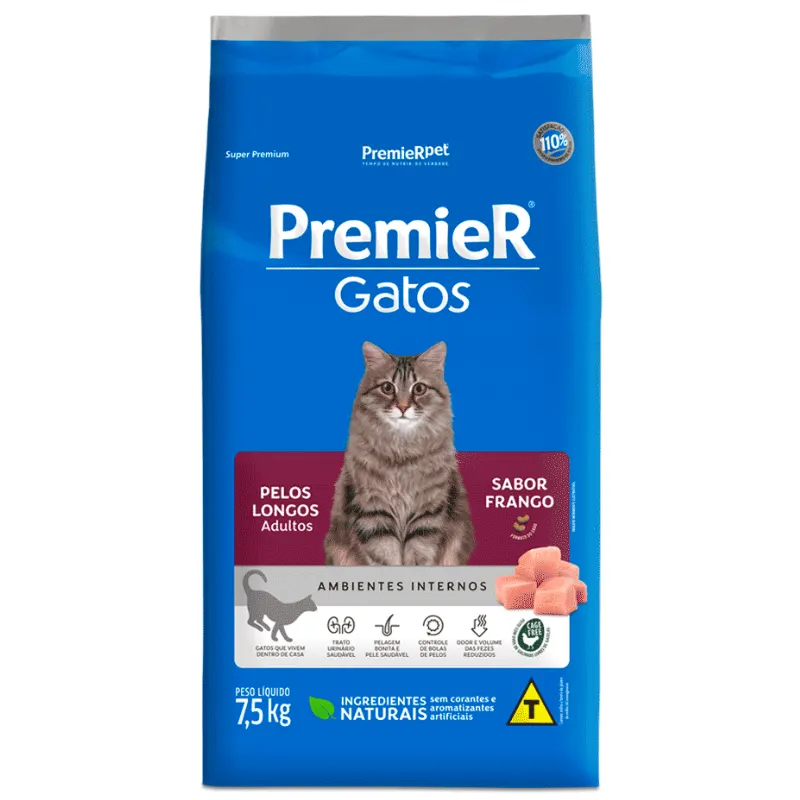 Ração Premier Ambientes Internos Gatos Adultos Pelo Longo Frango 7,5 Kg