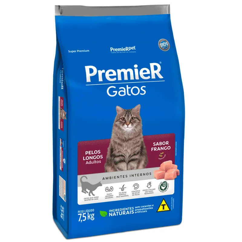 Ração Premier Ambientes Internos Gatos Adultos Pelo Longo Frango 7,5 Kg